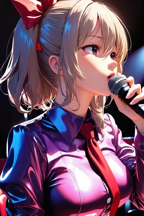 Touhou Momiji buttoned in extremely tight shiny latex blouse, Necktie, ,Lens reflection, Reflected light, kiss, Are in karaoke 