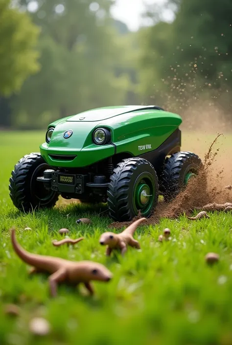 Robot lawnmower with three wheels , laboure le gazon avec vitesse excessive et dégâts importants.  Little earthworms flee in fear.