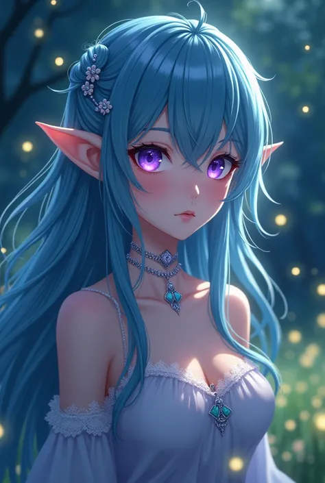  anime style,Adult woman anime, with long blue-green hair and with tufts in front, Elf ears, with bright purple eyes,In a meadow at night with fireflies ,
