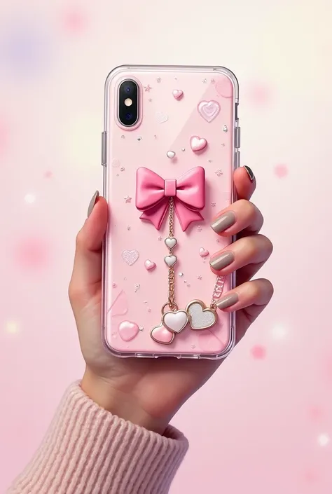 

"Create a detailed digital illustration of a hand holding a sleek, feminine phone case designed . The phone case is transparent with a light pink hue and features a prominent 3D pink bow in the center, along with subtle decorative text and symbols in whi...