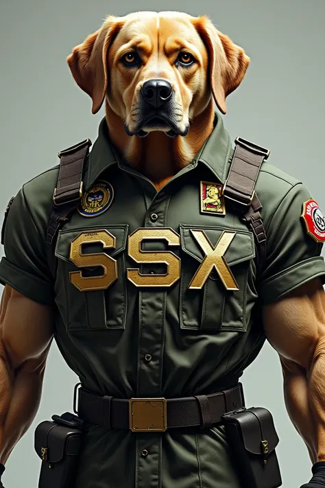 Generate a picture of big muscle scary looking Labrador retriever humanoid with military uniform and an awesome SSX Family transcript on the chest 