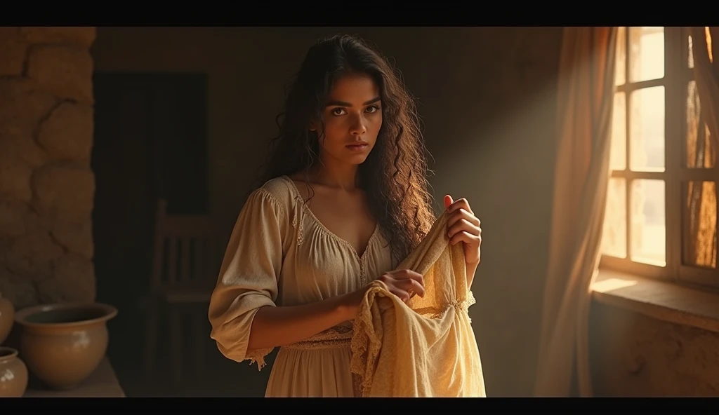 Hd, realistically "A Poor servant woman borrow an expensive beautiful dress with her nabour , (she captures the dress in to her hand) village house, wearing  old dress , long curly hair, indoors, soft lighting, water pot in background, sunlight, tension po...