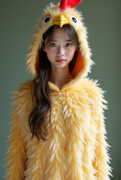 A beautiful girl complete from head to toe looking straight ahead in a chicken costume