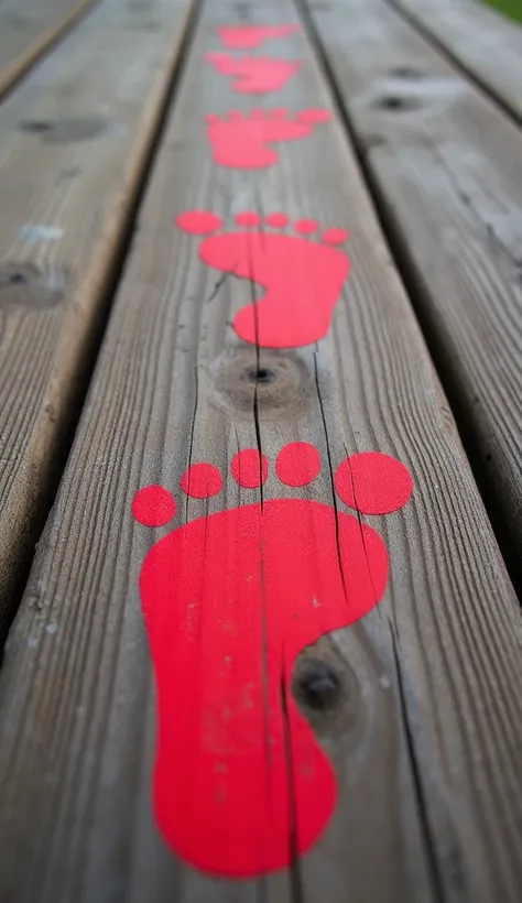 Image features a close-up view of a wooden deck with a series of red footprints painted on the surface. The deck consists of long, narrow planks with visible wood grain and a slightly weathered appearance. The footprints are stylized, with a bright red col...