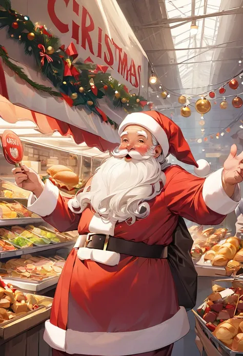 Santa Claus. Saying Merry Christmas to colleagues in the food market 