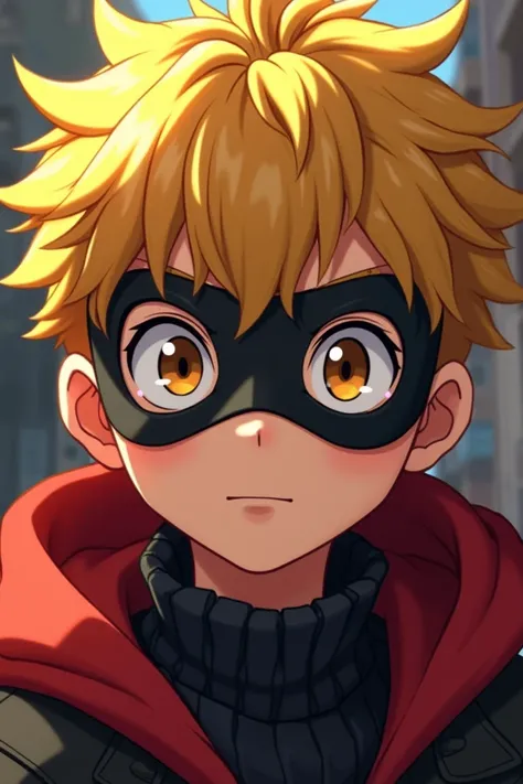 Young  old robber thief  male anime style puppy eyes, bright blonde messy hair, button nose, close up with robber mask 