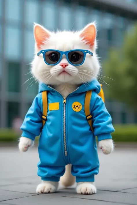 a cute cat dressed up as Doraemon
A cute cat, wearing sportswear and sunglasses, with a front view and full body view
A cute little white cat wearing an oversized hoodie, gray jeans and a backpack, standing in front of an office building