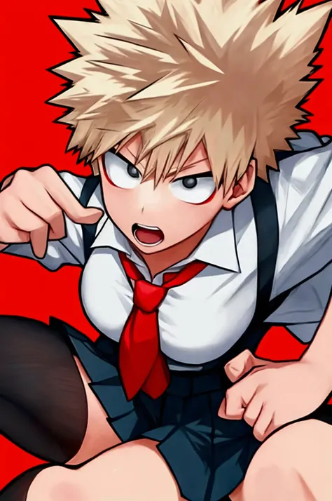 1 chico, Bakugou Katsuki, female school uniform, erotic pose,  Best Quality 