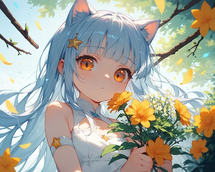 1 girl, Long hair,  with horse hair,  light blue hair ,  best quality ,  protagonist , cute, Young girl, , stick a star-shaped hairpin on the head,  yellow-orange eyes, bright, White swimsuit, shy, Cat ears, Holding flowers, port, Twilight ,Wide Angle