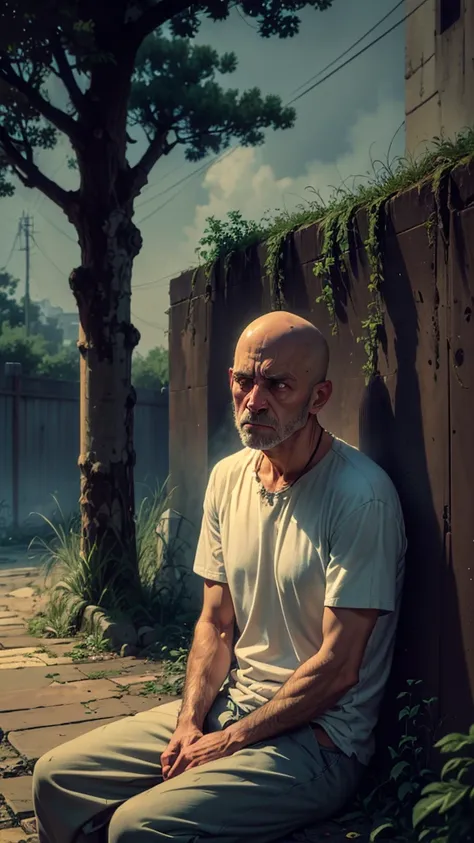 "Realistic, sad, malnourished man, bald head, white blind eyes,  with basic, torn clothing, sitting at the ground close to a tree looking like they are about to cry. The background is dimly lit, creating a somber, melancholic atmosphere."