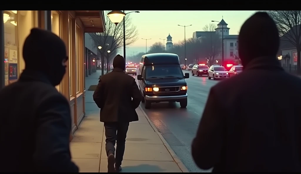 A wide-angle shot from outside the bank as robbers in dark masks dash towards a black van. Police sirens flash in the distance. The scene captures the motion, with one robber looking over his shoulder. Evening shadows lengthen across the scene.