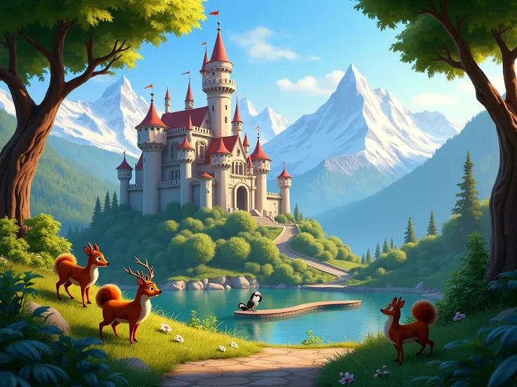  cartoon story image of a YouTube video in Pixar format . Beautiful view of the royal castle with mountains, with forests and rivers, forest animals look out over the castle