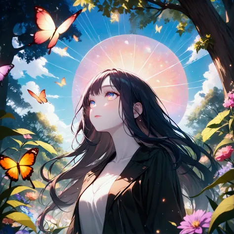 (woman(student, , JK, Long hair, Colorful eyes, Pale skin，) look up to the sky), (Many butterflies flying in the air), Beautiful sky, Summer，Colorful flowers blooming everywhere, Mysterious and dreamy ,Huge tree，quality(8K,CG Wallpaper, masterpiece,High re...