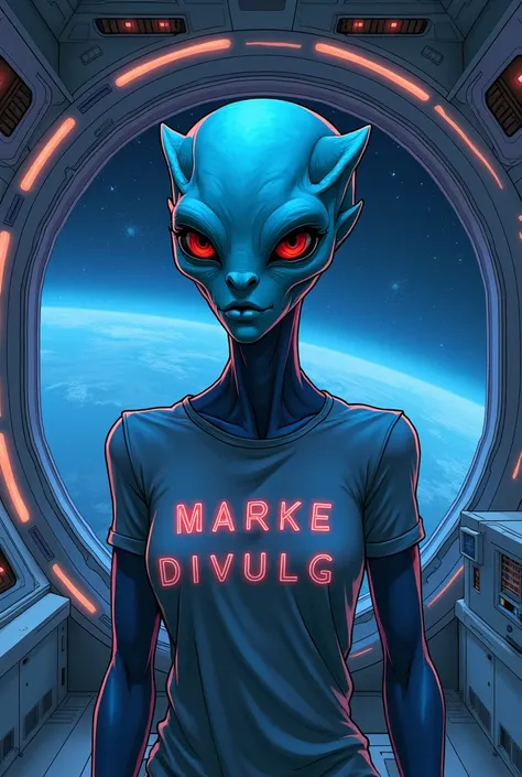 create an alien in a 2D drawing with a shirt written by Marke Divulg, traveling through space in a spaceship.