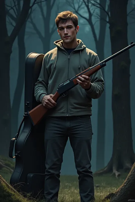 sketch? man,    guitar case with short brown hair, with brown eyes,   in a gray zippered sweater on a collar   ,   in grey jeans  ,   with a hunting rifle in hand in the dark forest at night