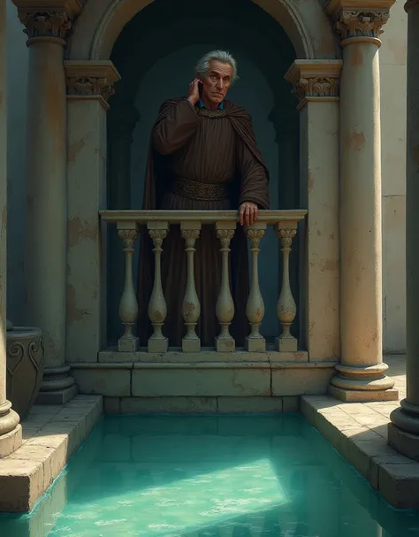 The king stands on his balcony with a shocked and disappointed expression, holding his head in despair. The pond below him is crystal clear, revealing only water, and not a single drop of milk is visible. The morning sun casts a shadow over the scene.