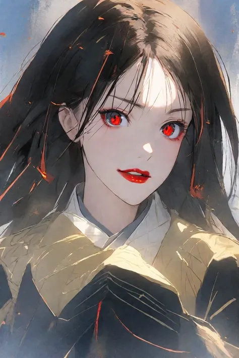 a Japanese-style animation girl,sharp eyes, long straight hair, red lips, dark pulpil