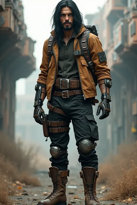 Young Cyborg with Black Long Hair, Beard, Brown Leather Jacket, Cargo Black Pants, and Brown Boots