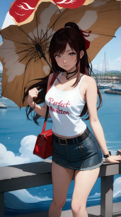 pretty young woman, holding an umbrella, leaning against railing, harbour and sea scenery, sunset evening sky, (+forehead, side parted hair, dark-brown long hair, half up half down), wearing  white top, prussian-blue denim mini skirt with black belt, black...