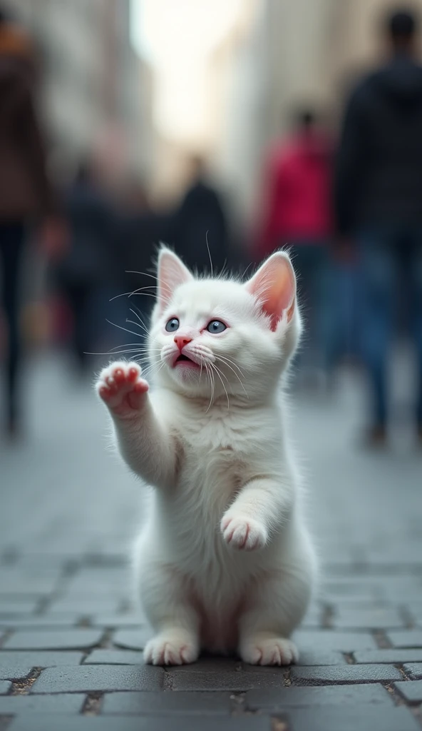 A sorrowful scene where a small, cute white kitten is standing alone, crying with tears falling from its eyes.make tears . The kitten’s face is filled with sadness and desperation as it waves its tiny paw, as if trying to call out to the people nearby for ...