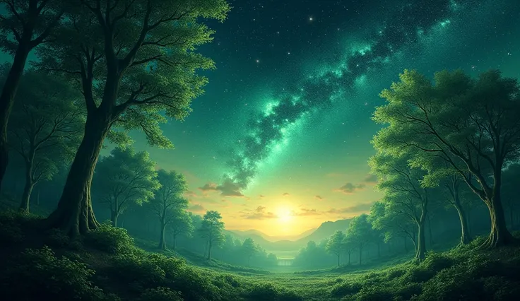 Generate an image of a realistic landscape mysterious green and gold, half greenery, half night sky