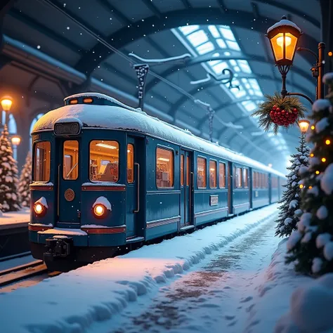 Create a realistic image of a snow-covered train station with a dark blue train carriage parked on the platform. The carriage is partially covered in snow, adding to the wintry atmosphere, and clearly located within the train station. Beside the train carr...