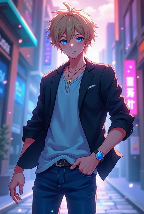 Mahō shōjo , Teenage anime boy ,  with light and dark blue polo shirt and black jacket, and jeans pants and blue watch ,and blue eyes