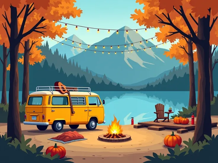 The image is a digital illustration of a cozy camping scene. It shows a yellow camper van parked on the shore of a lake, surrounded by trees with orange and yellow leaves. The van has a roof rack and a guitar hanging from it. There is a fire pit in front o...