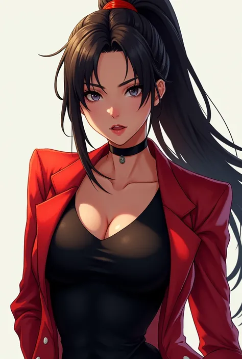 Mai Shiranui with black v neck and red blazer, Ponytail and her signature hair band, startled expression 