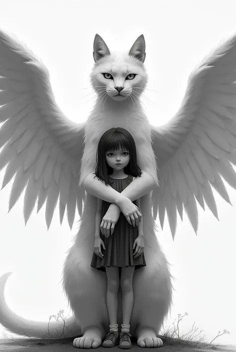 A cat as tall as a man with big white wings hugs a girl with dark hair в черно-белых тонах