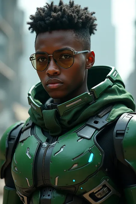 An African American Younger, with an Futuristic Armor, Visor, Green Tactical Suit