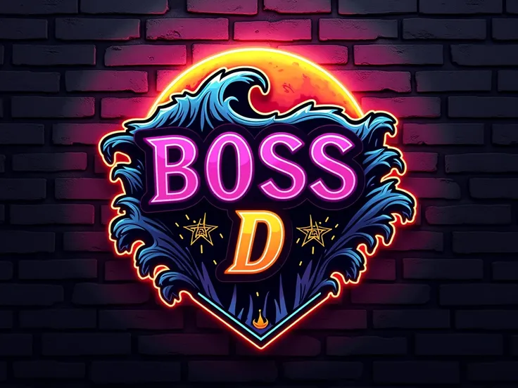 A sleek, futuristic logo for BOSS D with a black, YELLOW AND VIOLET. The design features a dynamic, basketball street and liquor drinks. The wave transitions into a basketball street. Above the basketball street, the word BOSS is written in a bold, neon pu...