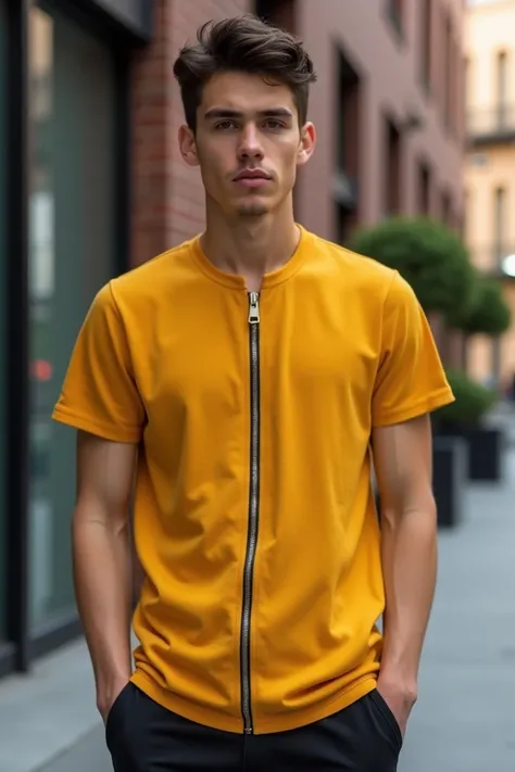 a mustard t-shirt with a zipper in the middle