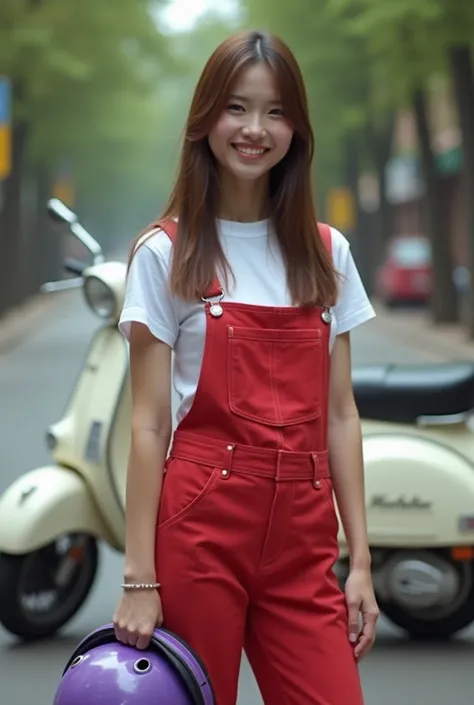 Revealing the outdoor burial by being able to track her long straight brown hair and white skin, wearing a white T-shirt under a red overalls, letting it relax with a slight smile and she is posing with her hands on the side. This part is behind her holdin...