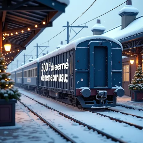 Create a realistic image of a snow-covered train station featuring a dark blue freight train carriage parked on the platform. The carriage is partially covered in snow, enhancing the winter atmosphere. On the side of the freight train carriage, the text 50...