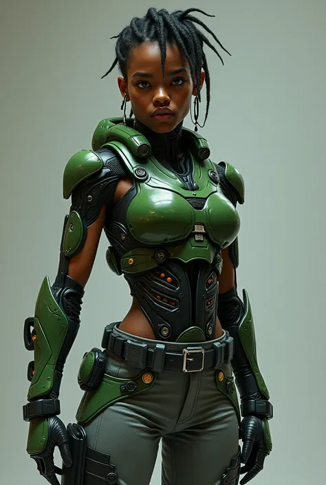 An African American Younger Cyborg, with an Futuristic Armor,, Green Tactical Suit, Gray Cargo Pants