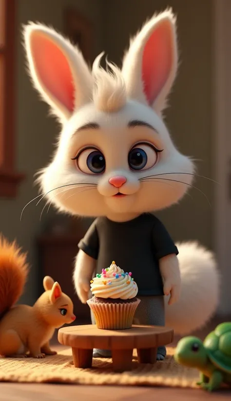 Close-up of a cute 3D Pixar-style rabbit kitten with a large, fluffy mane and big, expressive eyes, dressed in a black t-shirt and gray jeans. The rabbit kitten’s face shows a conflicted expression, torn between decisions. On a small wooden table sits a cu...