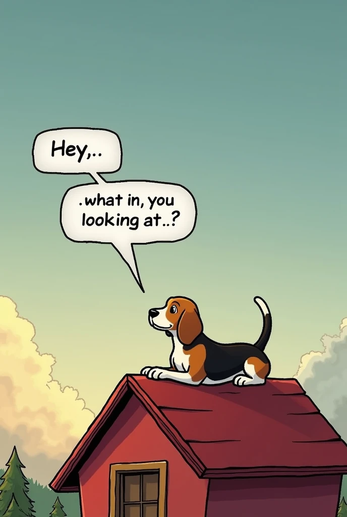  An outdoor landscape with a clear sky at dusk .  A beagle dog is lying on top of his red house ,  looking up to the sky with a relaxed but curious expression . Beside,  there are text balloons :  a rectangular one that says Hey ,  what are you looking at ...