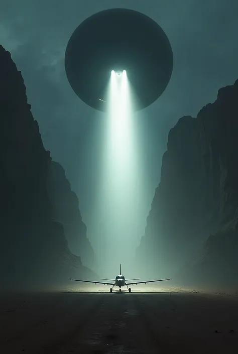 a small plane near a Mesa (small Rocky Mountain) captured inside a powerful halo of light, emitted from a round dark shape in front of it.A round shape is entirely black, and a powerful beam of light comes from it, projecting on the plane. (Thing is a UFO)...