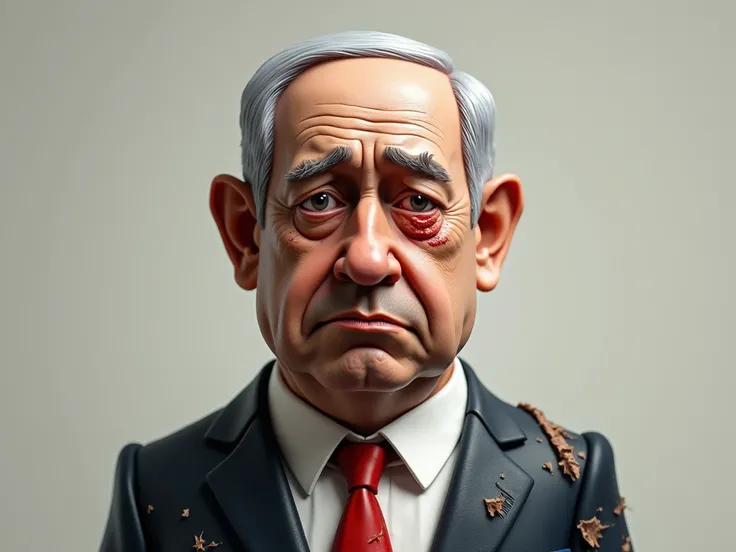 Create a 3D caricature of Prime Minister Benjamin Netanyahu looking sad with messy hair, a bruised left eye and a dirty and torn suit.