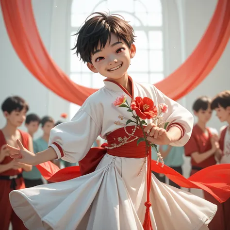 Young young man, Asian flower, teen, white short hair, red eyes, standing in a dance, wearing a mans red dance suit, face smiling happily