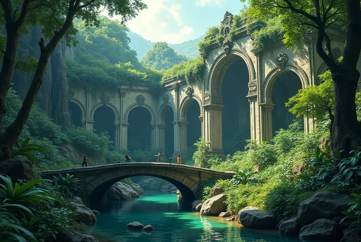 Envoyé par vous :
Créez un paysage mystique et serein mettant en scène une ruine ancienne envahie par la végétation tropicale,avec des arches et des colonnes, entourée de verdure luxuriante. Incluez une rivière calme coulant sous un pont de pierre au premi...