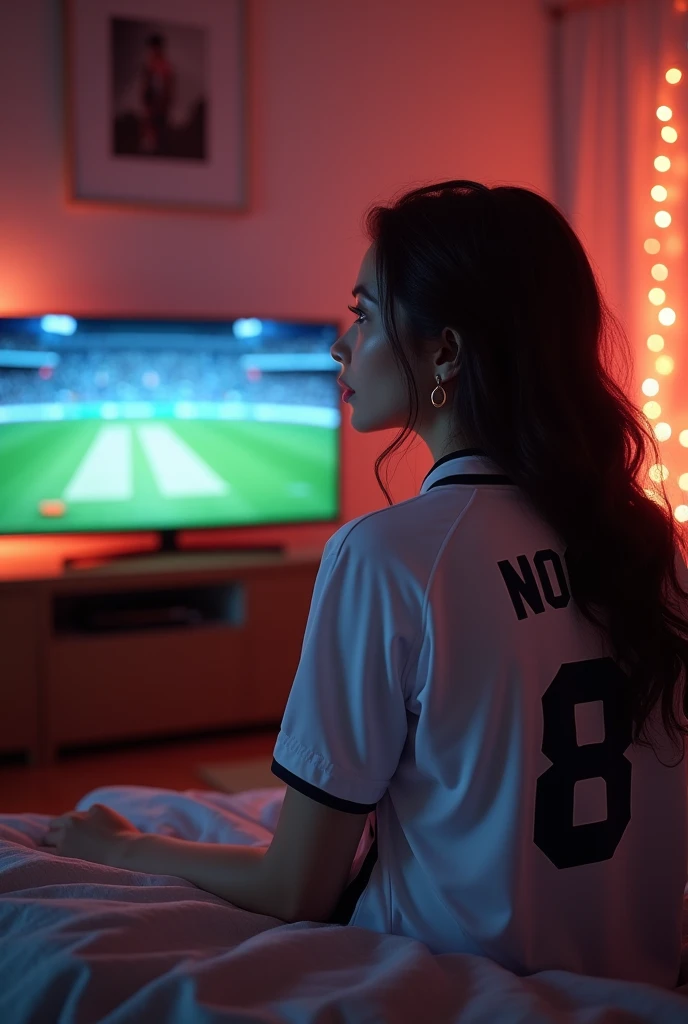 "A 22 year old beautiful girl  watching a cricket match on TV from behind, wearing a white 🤍 with the name noor and number 8 written on it, cozy room background with  beautiful ❤️ lights