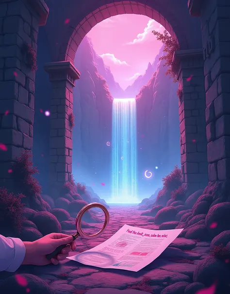 an enchanting and mystical scene of ancient ruins bathed in a fuchsia pink glow. A grand archway opens to a cascading waterfall that illuminates the scene with ethereal light. The ruins, with their time-worn stones and overgrown vegetation, evoke a sense o...