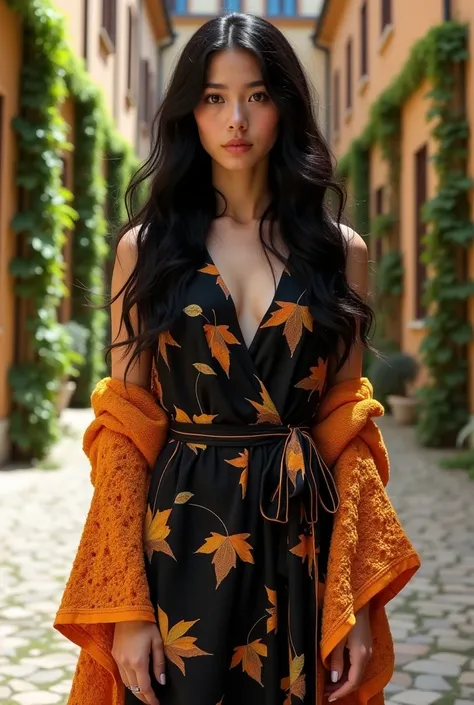 A young woman,  long hair , black and wavy , amber eyes,  dressed with a black wrap dress and autumn leaves printed on it ,  wears an orange-yellow lace shawl on her shoulders ,  wears black ankle boots ,  character on the front ,  in the background a cour...