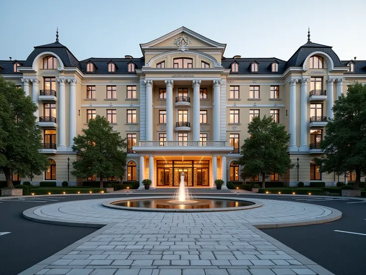  In front of a luxurious and elegant hotel typical of a 5-star Russian hotel.  The hotel is in keeping with current years .  The entrance to the hotel has a parking lot and a water fountain in the center , near the entrance doors .