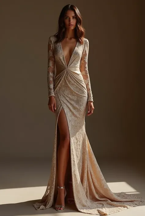 "A simple yet elegant long evening gown with a modern and chic design. The dress is made from a blend of rayon, satin, and guipure lace, with a subtle shimmer that gives it a fashionable, luxurious feel. The dress is form-fitting, highlighting the bodys na...