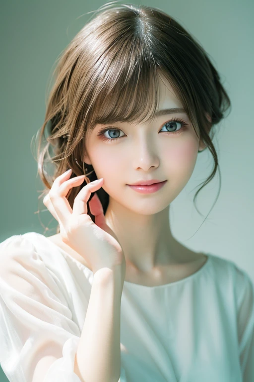 a fine details, high resolution, high quality,smile,beautiful girl,pale yellow oversized tops fashion,Perfect dynamic pose, Beautiful and delicate eyes,natural color lips,Kamimei、twinkle eyes,highlight inside eyes、20 year old girl、1 person、clear skin、glowi...