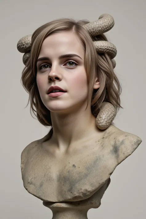 hyperrealistic photo of Emma Watson as the marble bust of the mythical Medusa.  Her hair is replaced by snakes.  Her eyes are not colored but also carved to appear realistic.  There is no color on the bust but the marble coloring.  The bust is worn over ti...