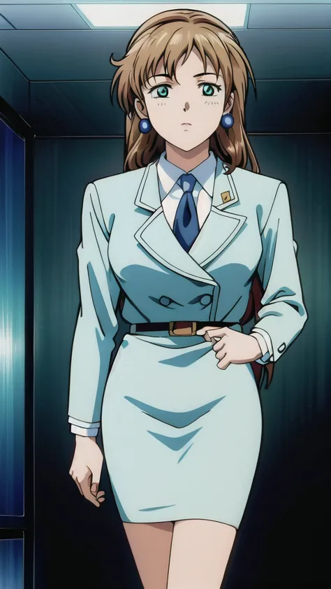 Brown Hair、Long Hair、悲しいface、Green Eyes、 Full Body Style 、Normal milk、 narrow waist 、Bare legs、In a suit、 blue jacket , collared shirt 、 white shirt、 blue tie,belt, Blue Mini Pencil Skirt, black tights、White pumps、 Official Art, Extremely High Definition C...